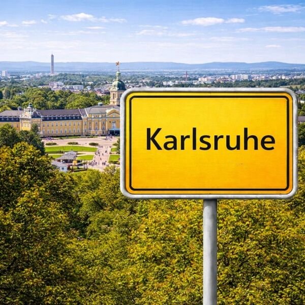 Gelbes Ortsschild Karlsruhe mit Stadt im Hintergrund