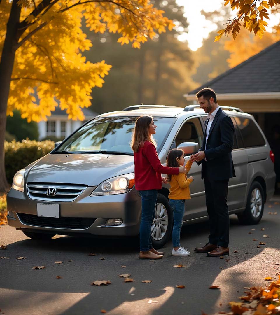 Eine Familie übergibt ein Auto an einen Händler beim Autoankauf Karlsruhe vor dem Haus